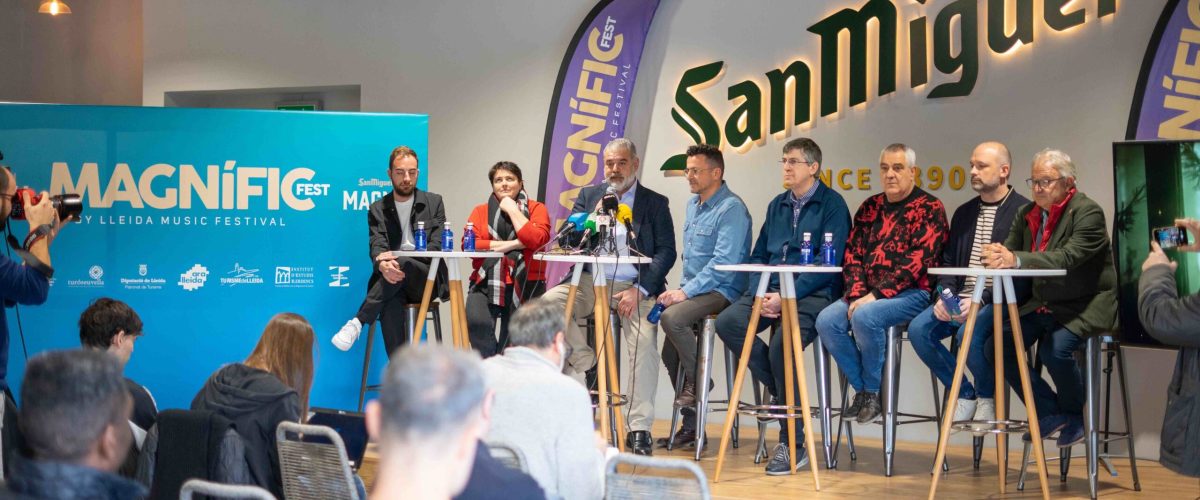 Presentació del Magnífic Fest a l'Espai Cerveser San Miguel, de la mà de (d'esquerra a dreta): Ignasi Amor (regidor de Lleida), Estefania Rufach (Diputació de Lleida), José Antonio Farràs (San Miguel), Santi Salvador (Lleida Músic Festival), Toni Cabero (La Traca Events), Sergi Solís i Oscar Enrech (Projecte Estelar) i Paco Cerdà (regidor de Lleida i president de Turisme de Lleda).